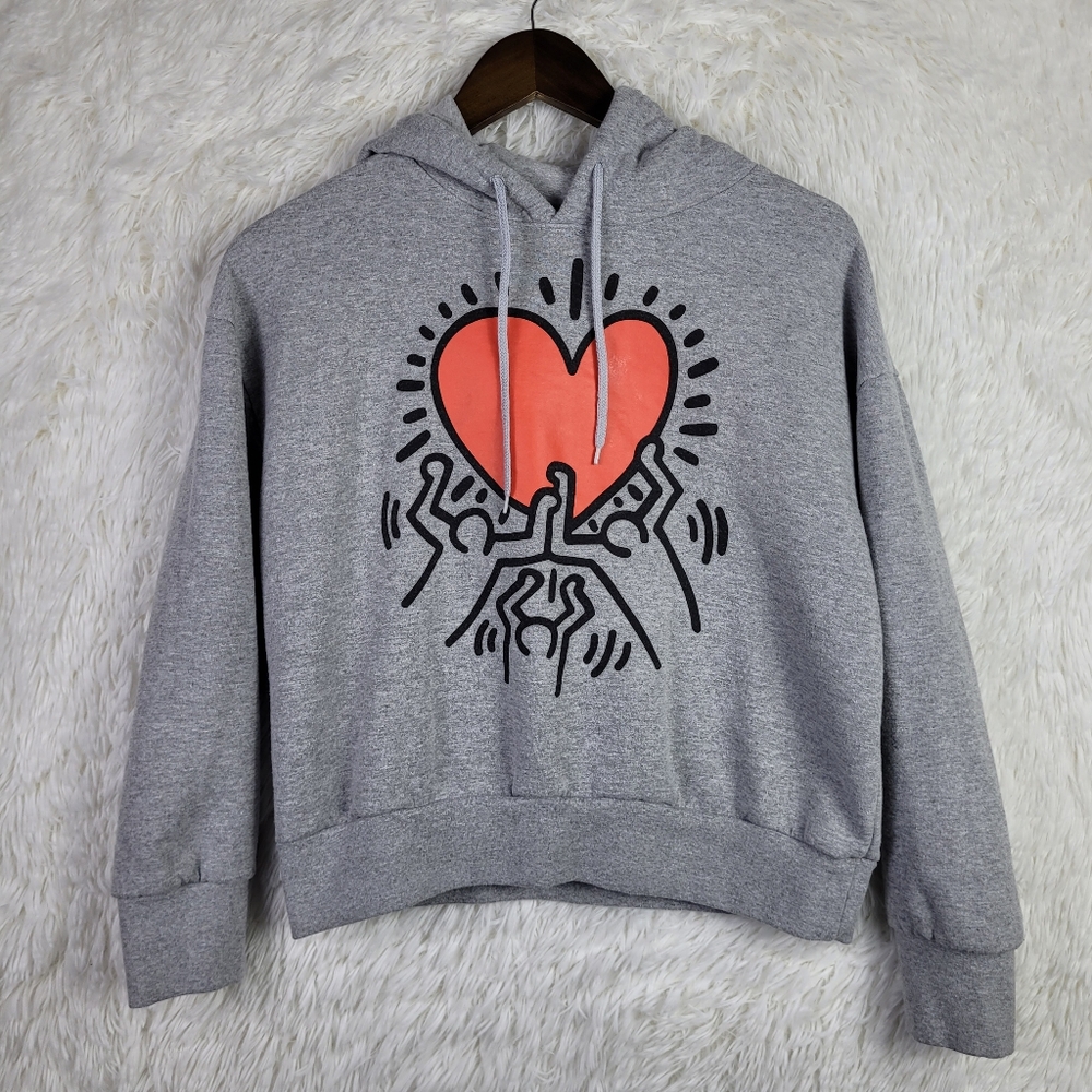 Keith Haring Hoodie‎ Unisex XS Grey Sweatshirt Dancing Heart Ripple Junction